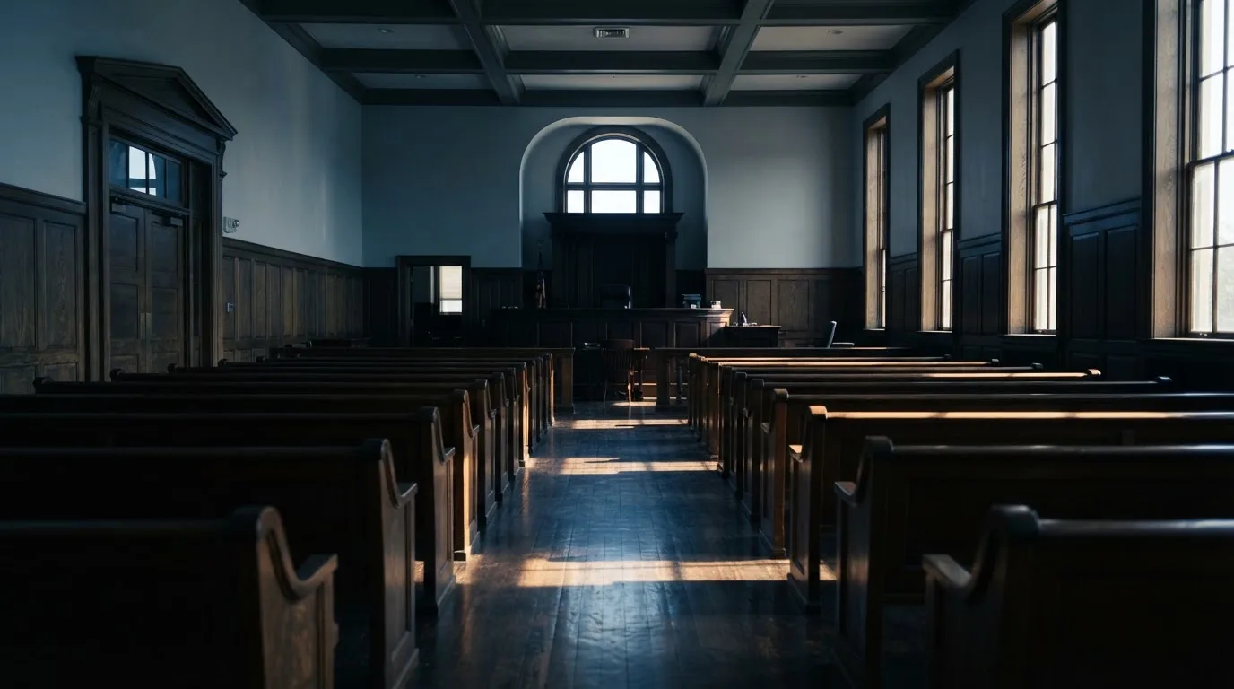 An empty courtroom with wooden benches in morning light