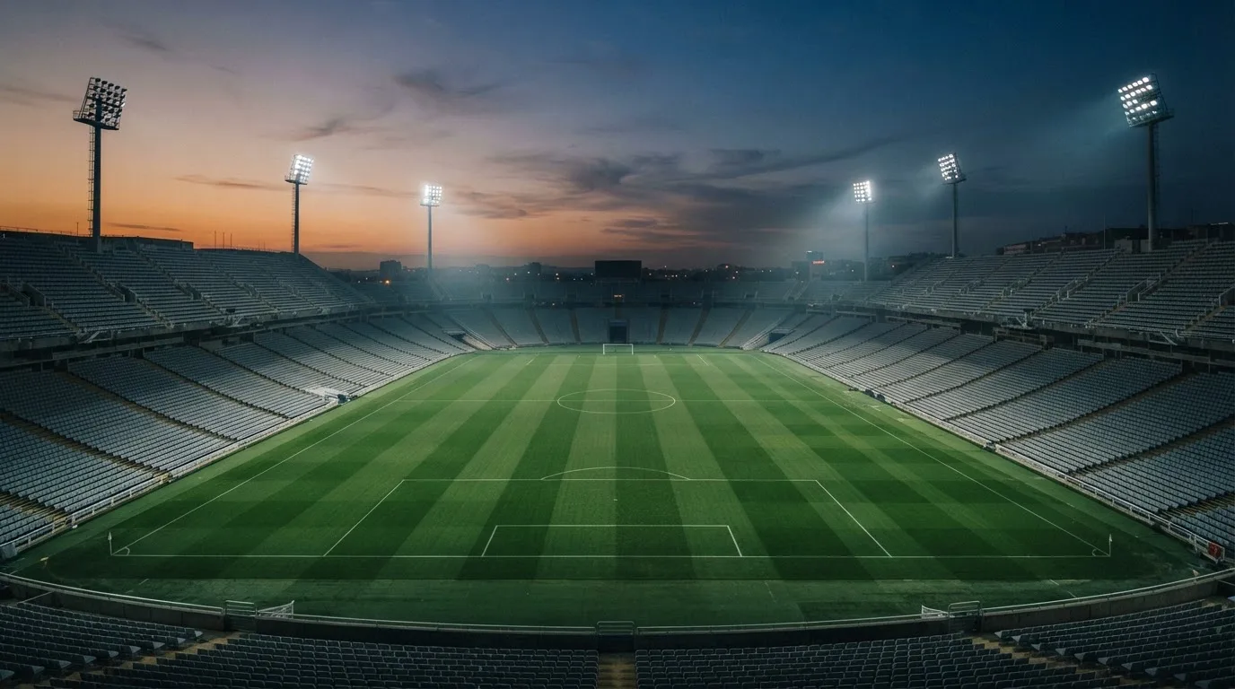 An empty football stadium with floodlight masts at dusk