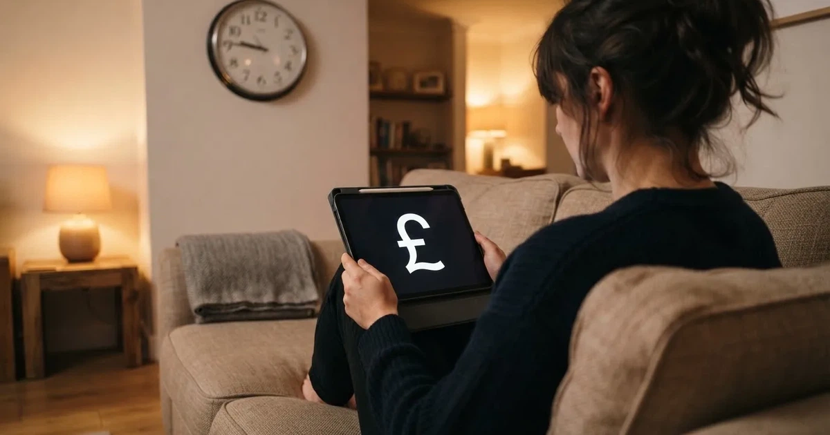 A person on a sofa looking thoughtfully at a tablet, a wall clock in the background