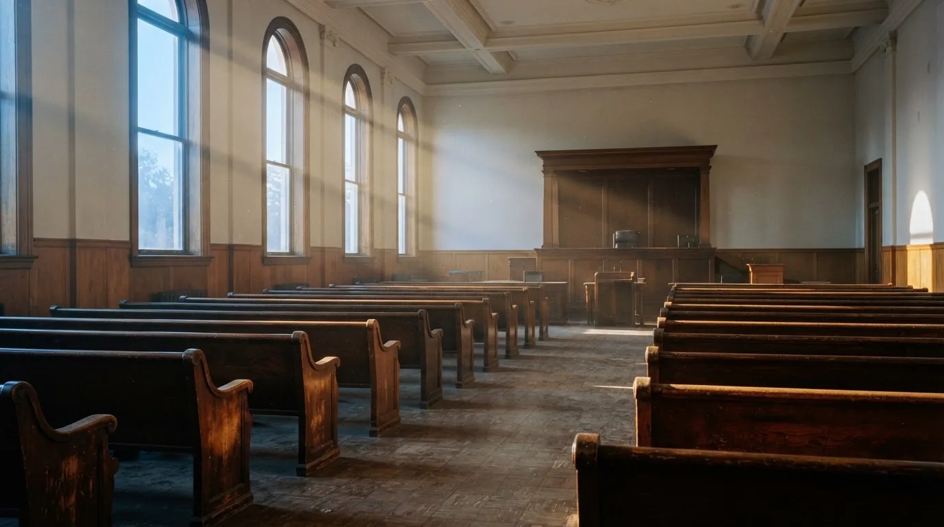 An empty courtroom with wooden benches in morning light