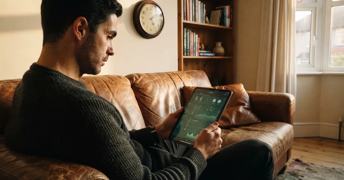 A person on a sofa looking thoughtfully at a tablet, a wall clock in the background