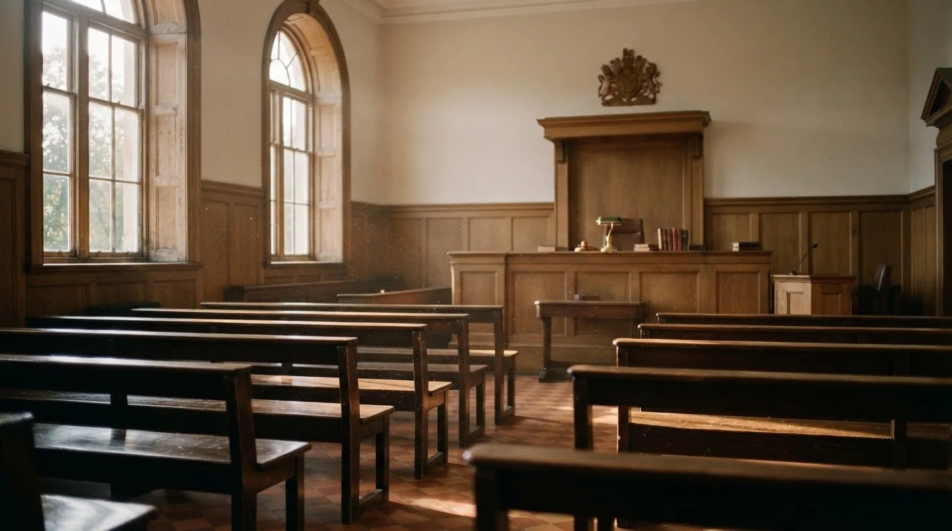 An empty courtroom with wooden benches in morning light