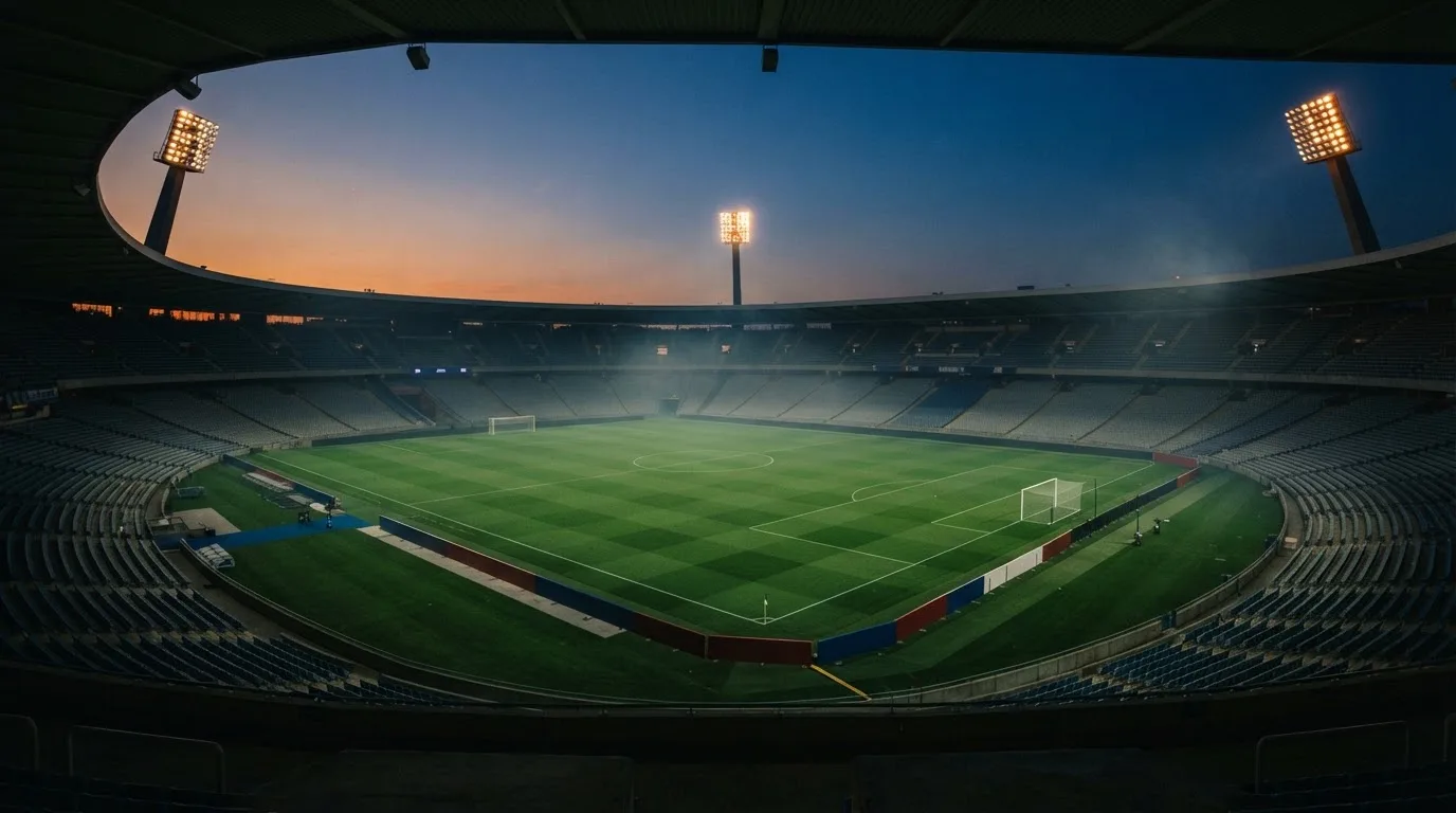 An empty football stadium with floodlight masts at dusk