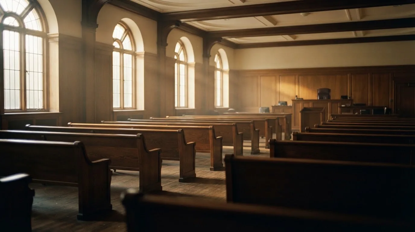 An empty courtroom with wooden benches in morning light