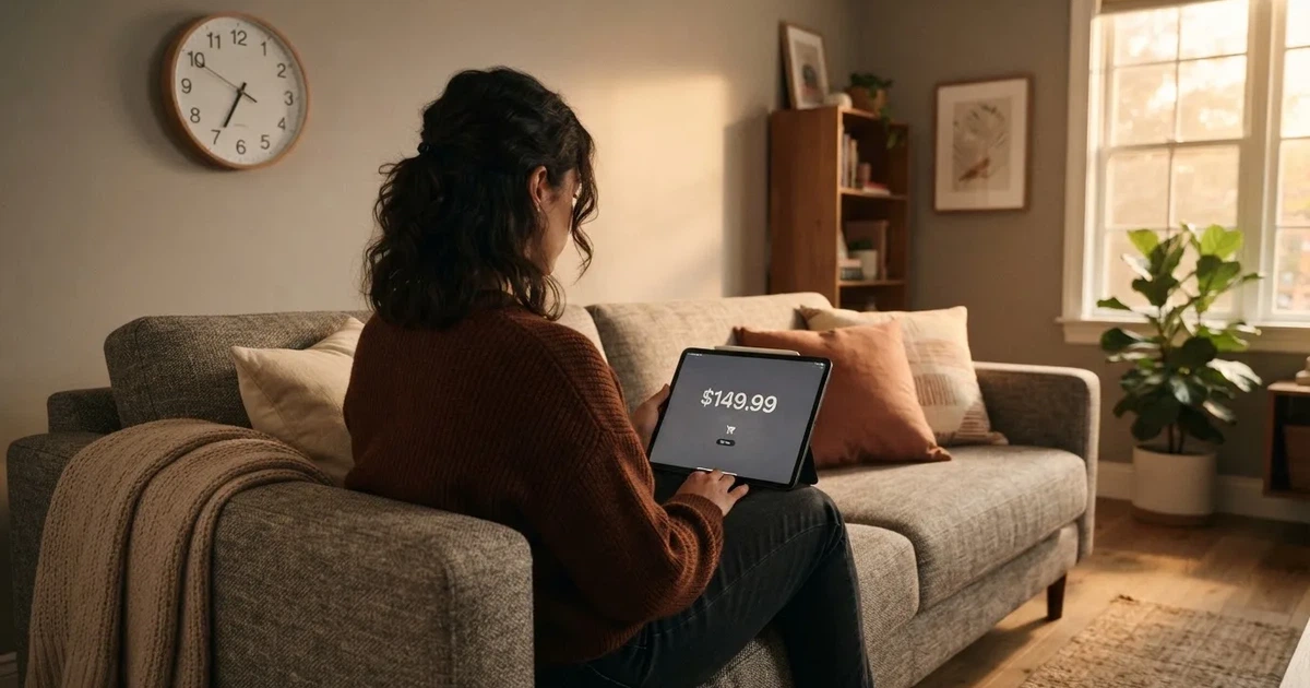 A person on a sofa looking thoughtfully at a tablet, a wall clock in the background