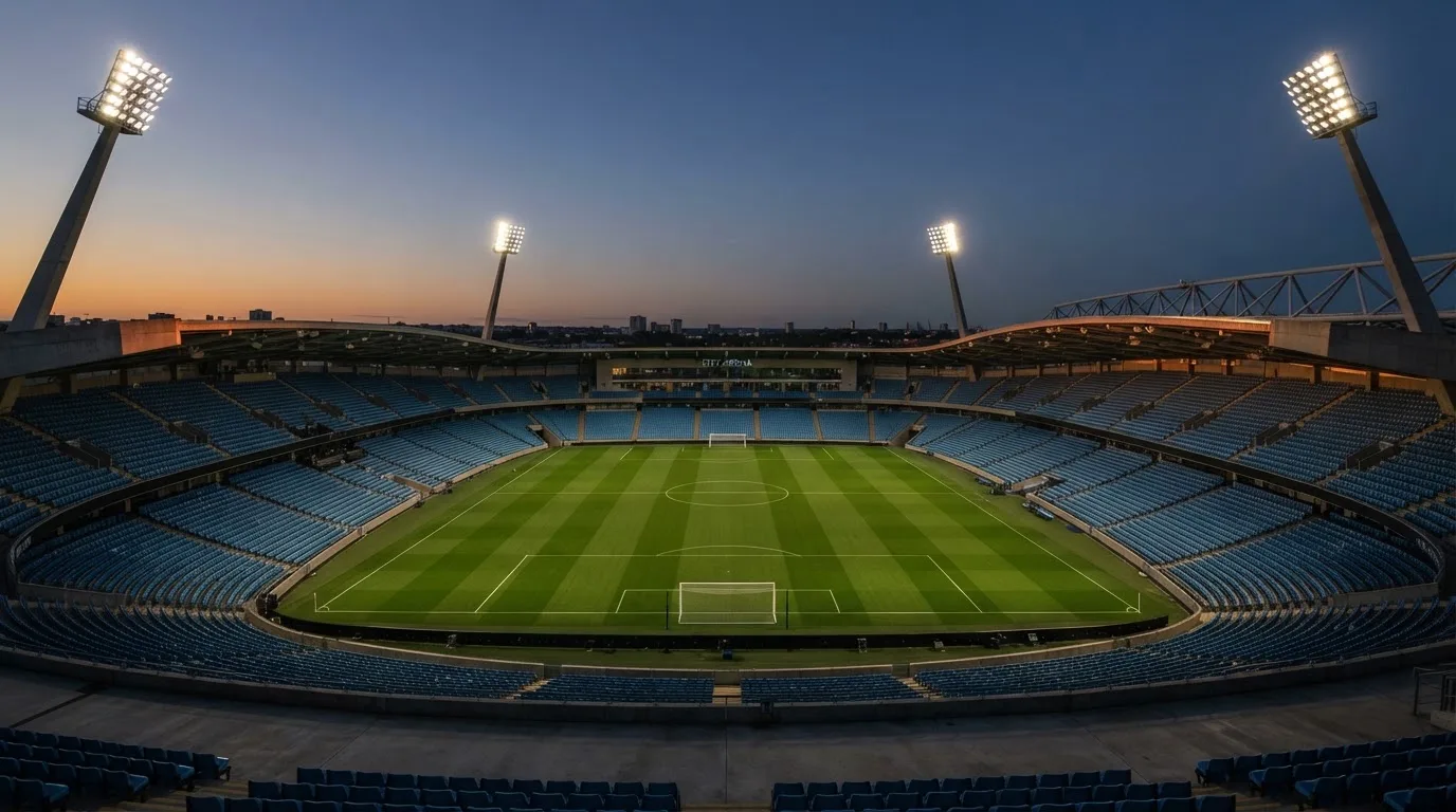 An empty football stadium with floodlight masts at dusk