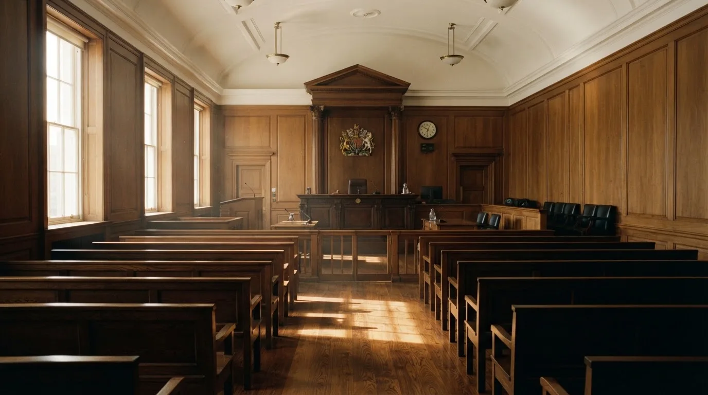 An empty courtroom with wooden benches in morning light