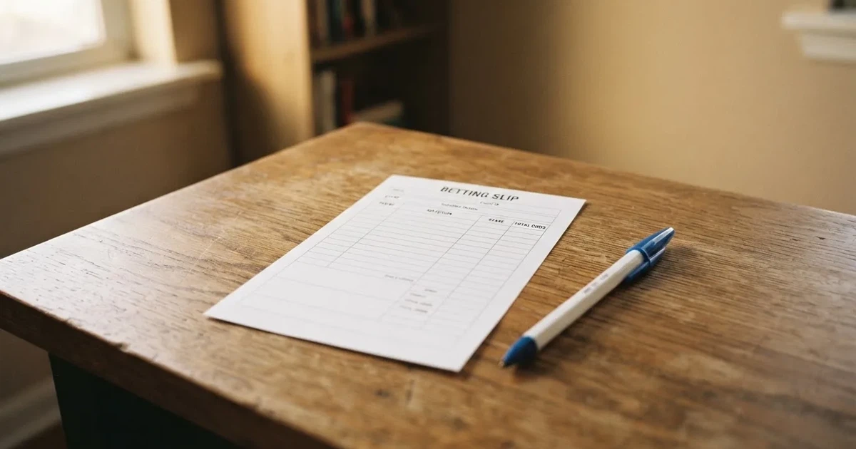 A blank paper betting slip beside a pen on a wooden counter