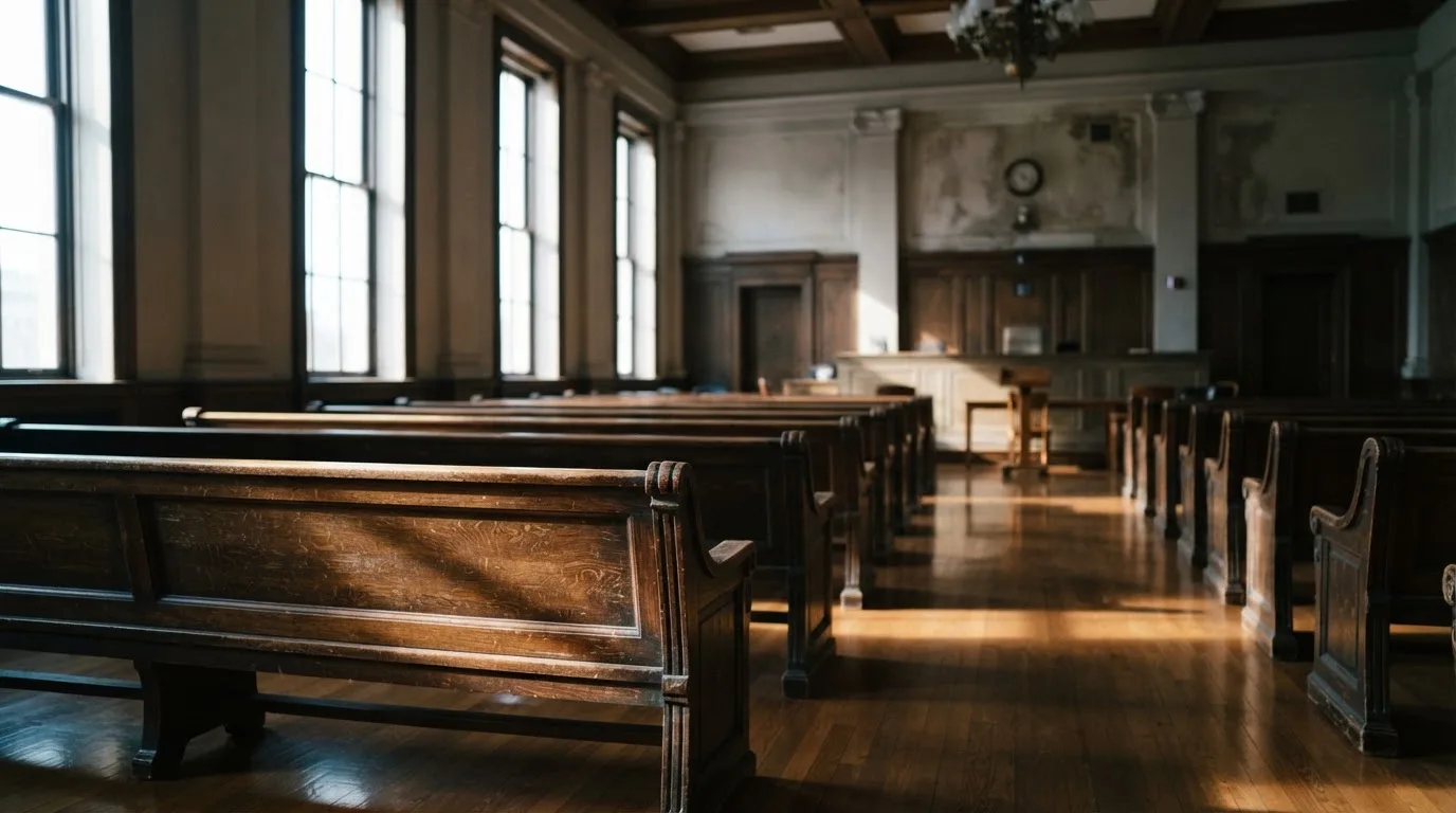 An empty courtroom with wooden benches in morning light