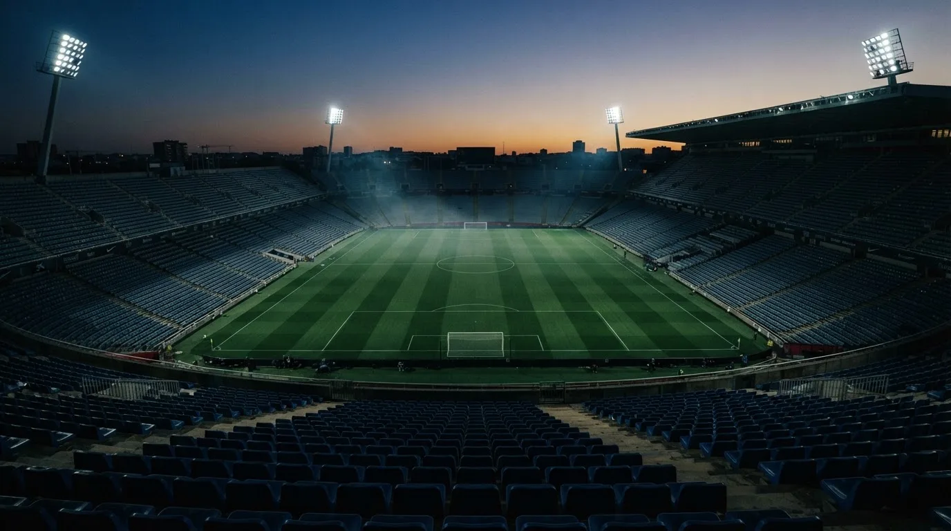 An empty football stadium with floodlight masts at dusk
