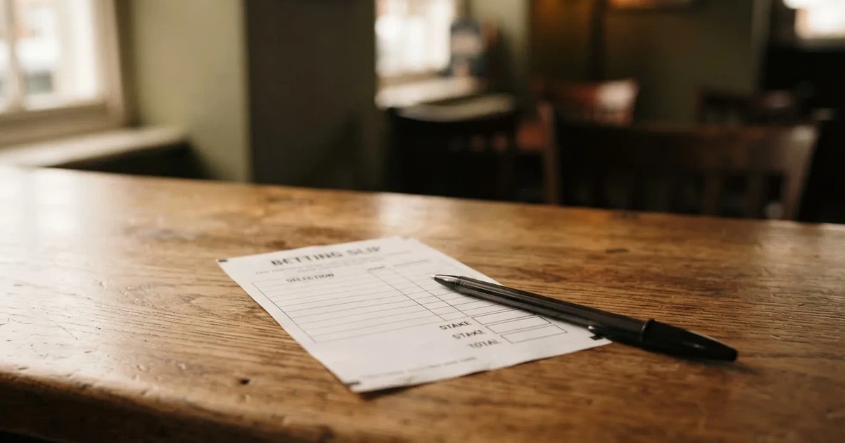 A blank paper betting slip beside a pen on a wooden counter