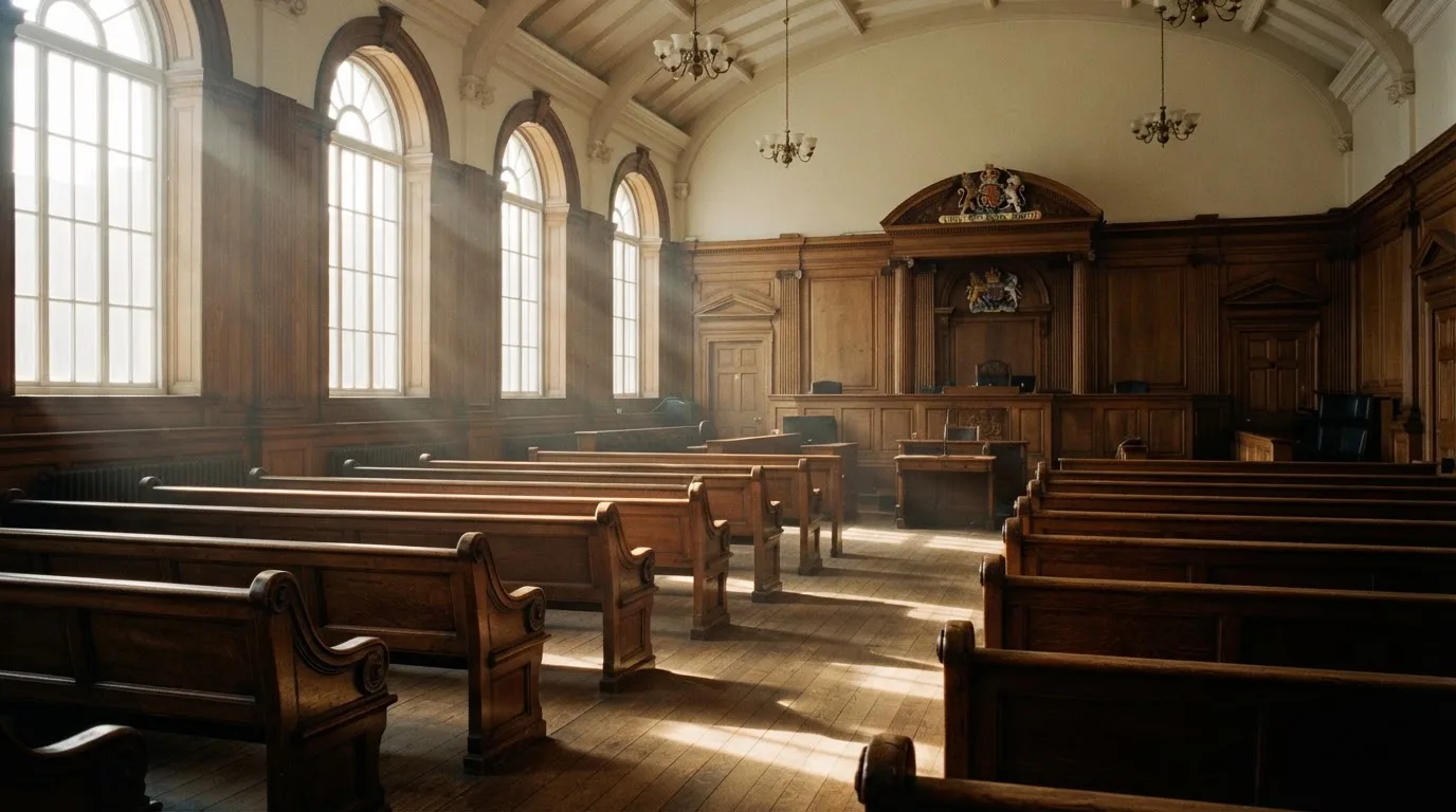 An empty courtroom with wooden benches in morning light