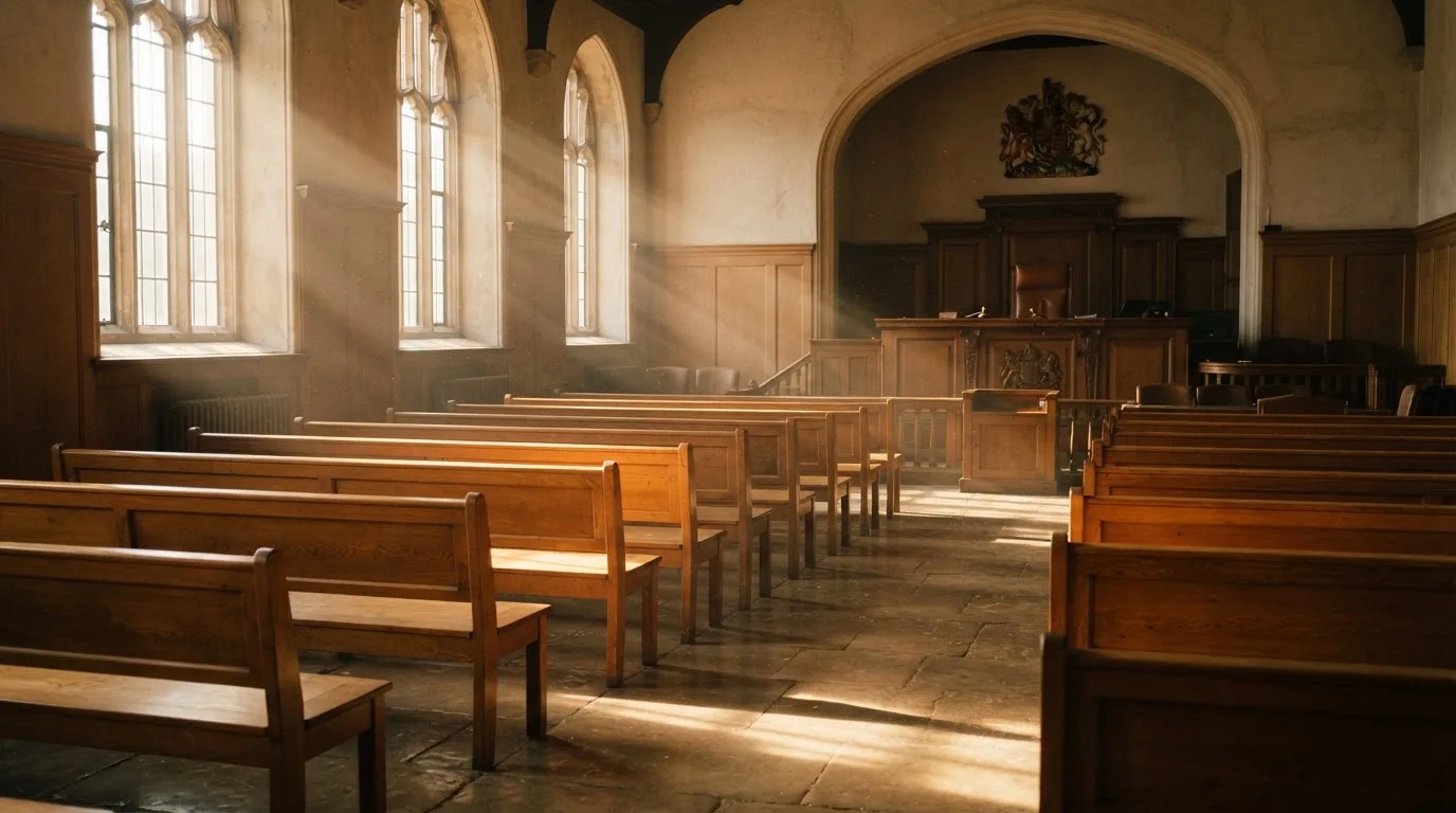 An empty courtroom with wooden benches in morning light
