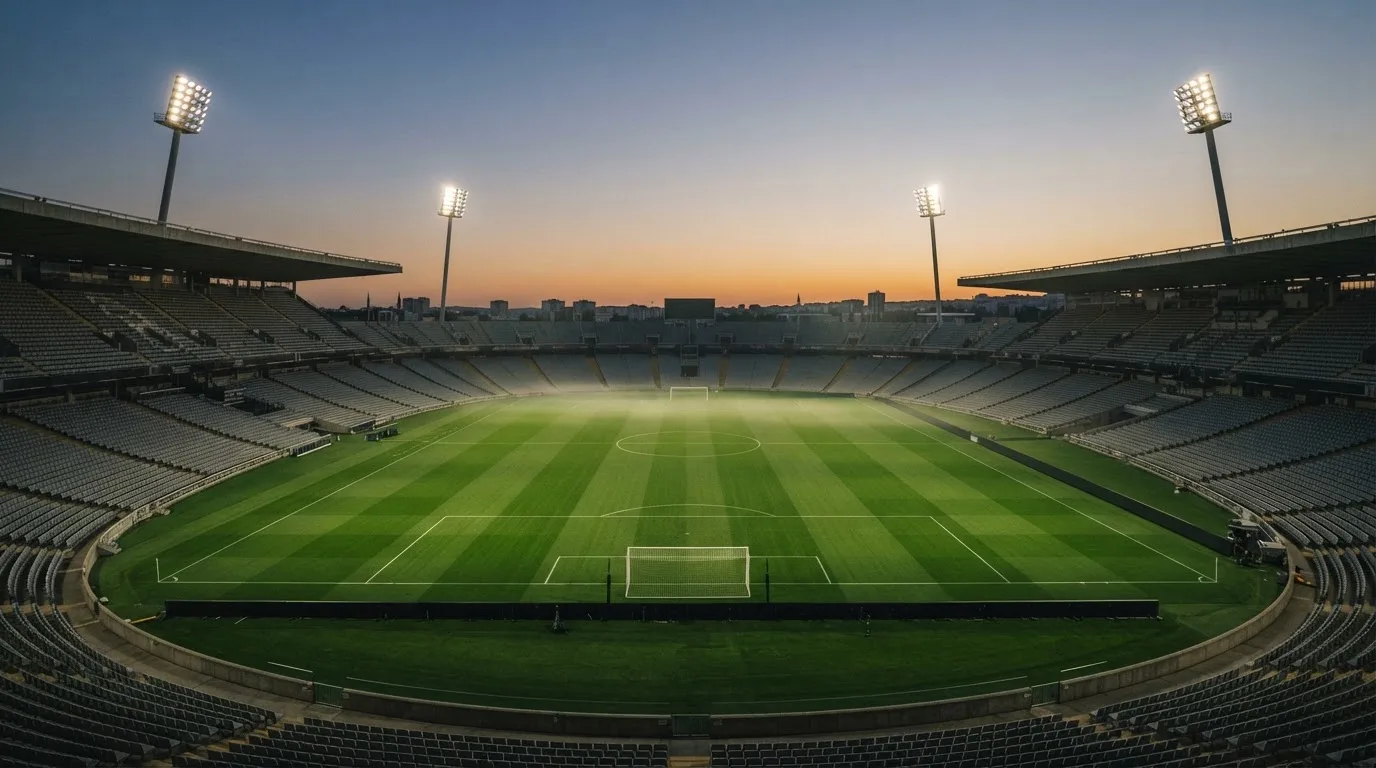 An empty football stadium with floodlight masts at dusk