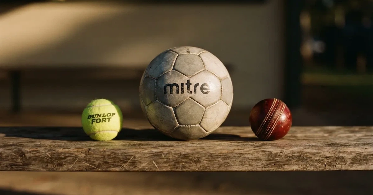 Three balls of different kinds side by side on a wooden bench