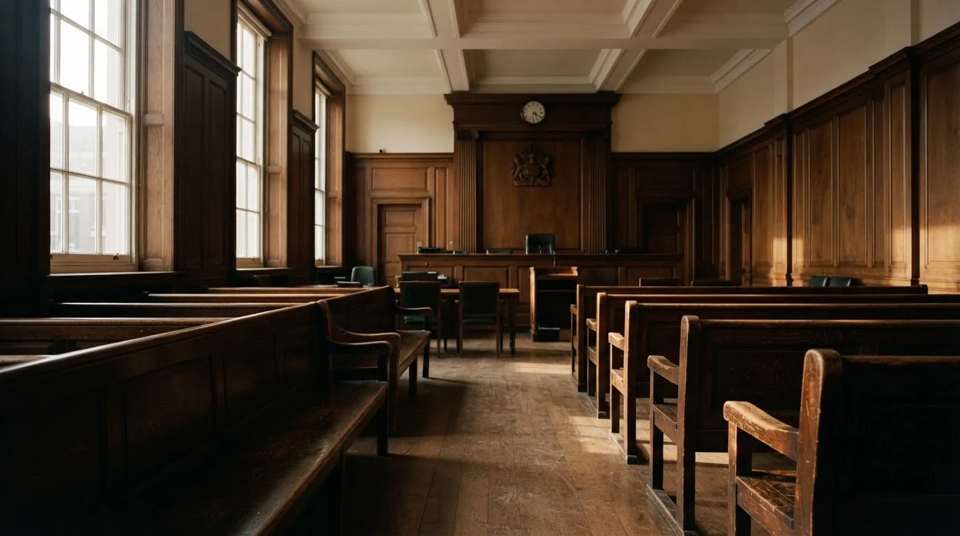 An empty courtroom with wooden benches in morning light
