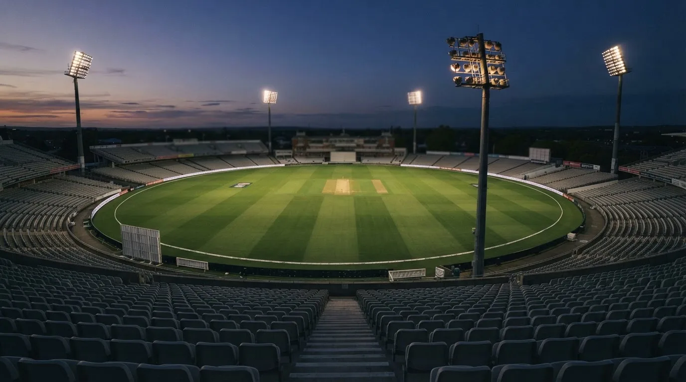 An empty football stadium with floodlight masts at dusk
