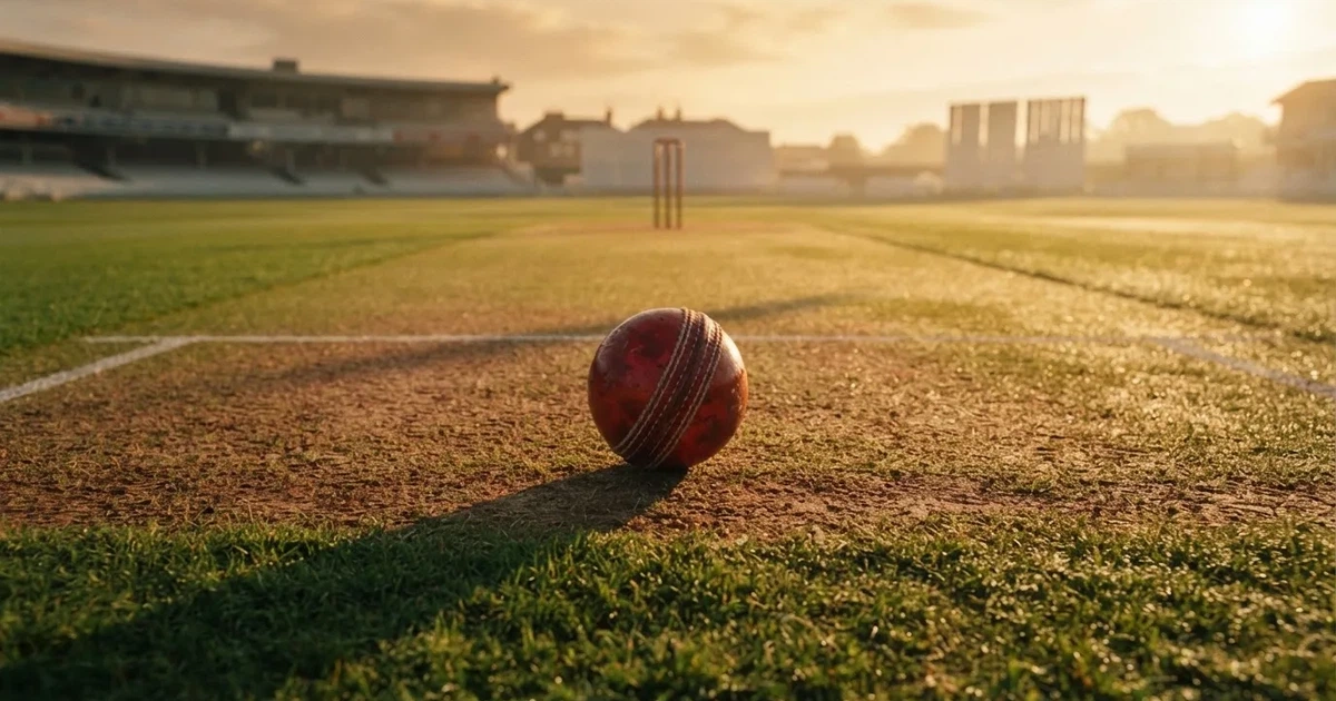 A ball on the centre spot of a grass pitch in morning light