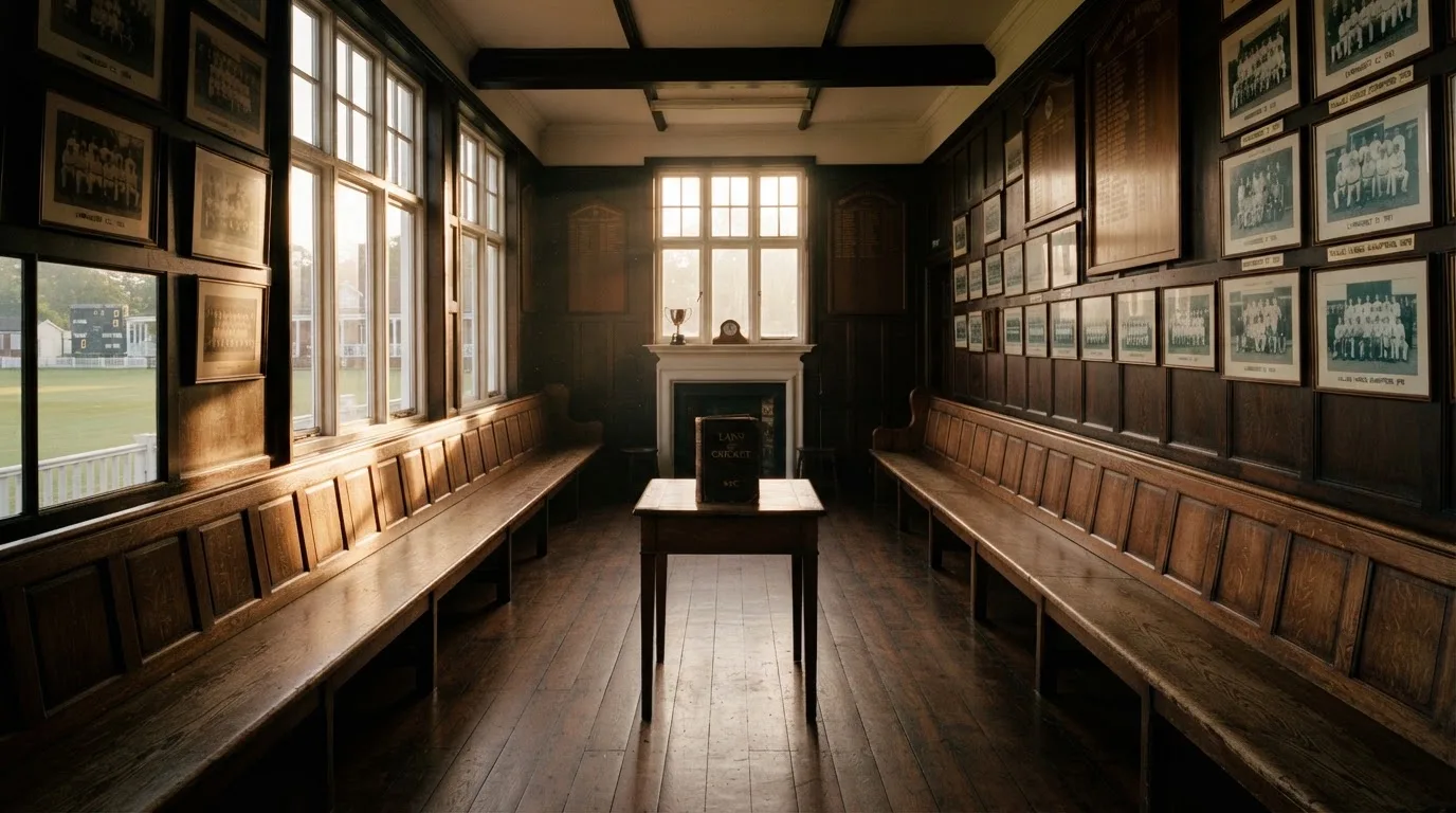 An empty courtroom with wooden benches in morning light