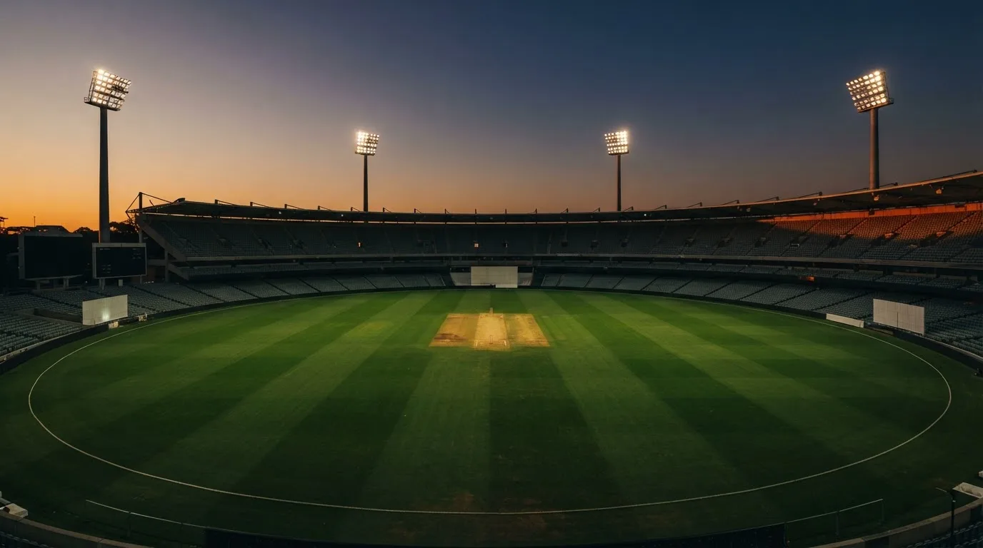 An empty football stadium with floodlight masts at dusk