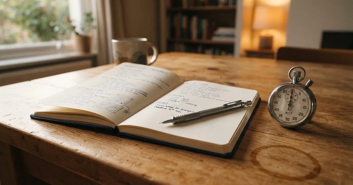 An open notebook with a pencil and a stopwatch on a wooden table