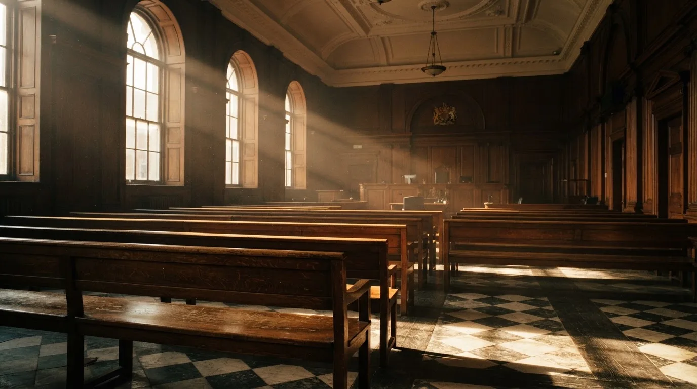 An empty courtroom with wooden benches in morning light