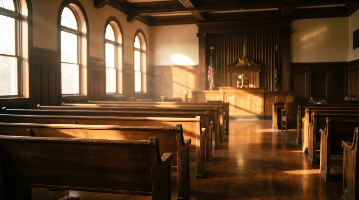 An empty courtroom with wooden benches in morning light