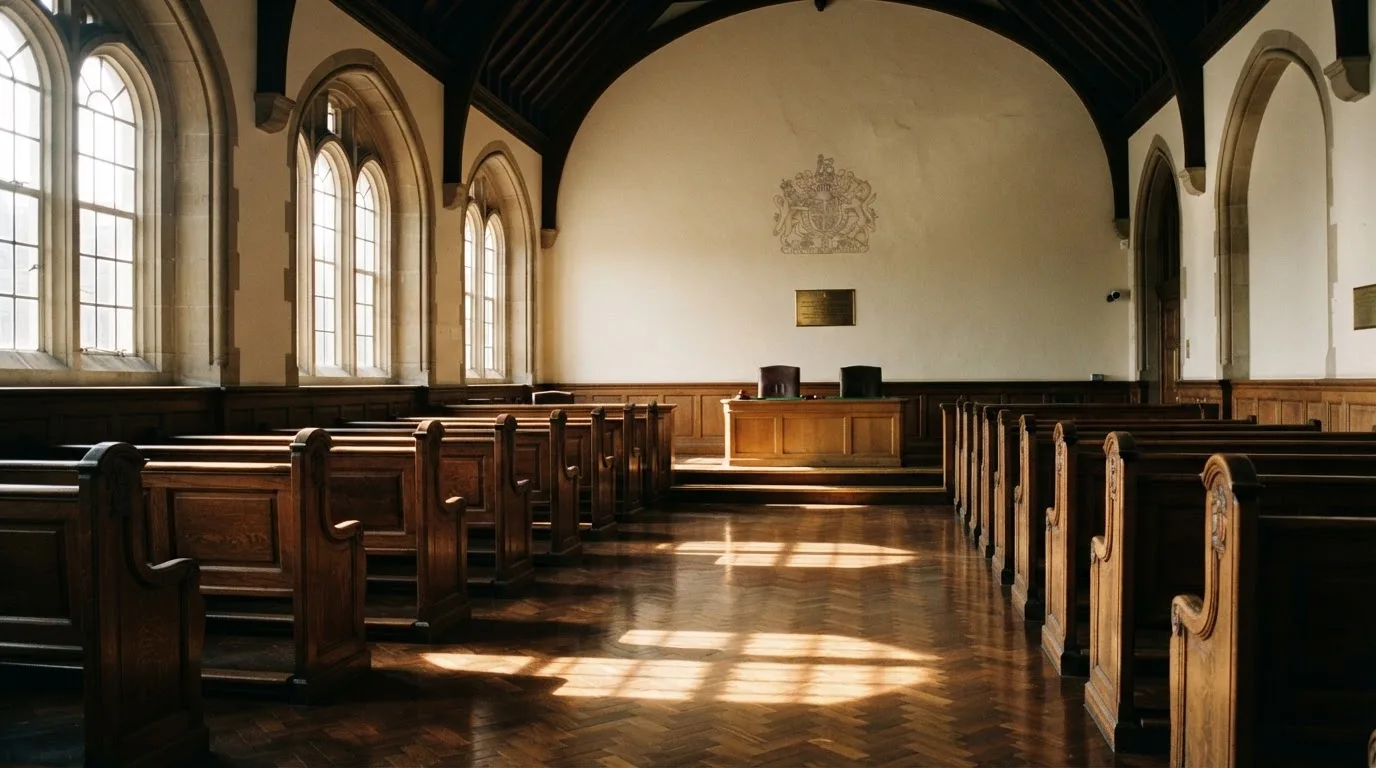 An empty courtroom with wooden benches in morning light