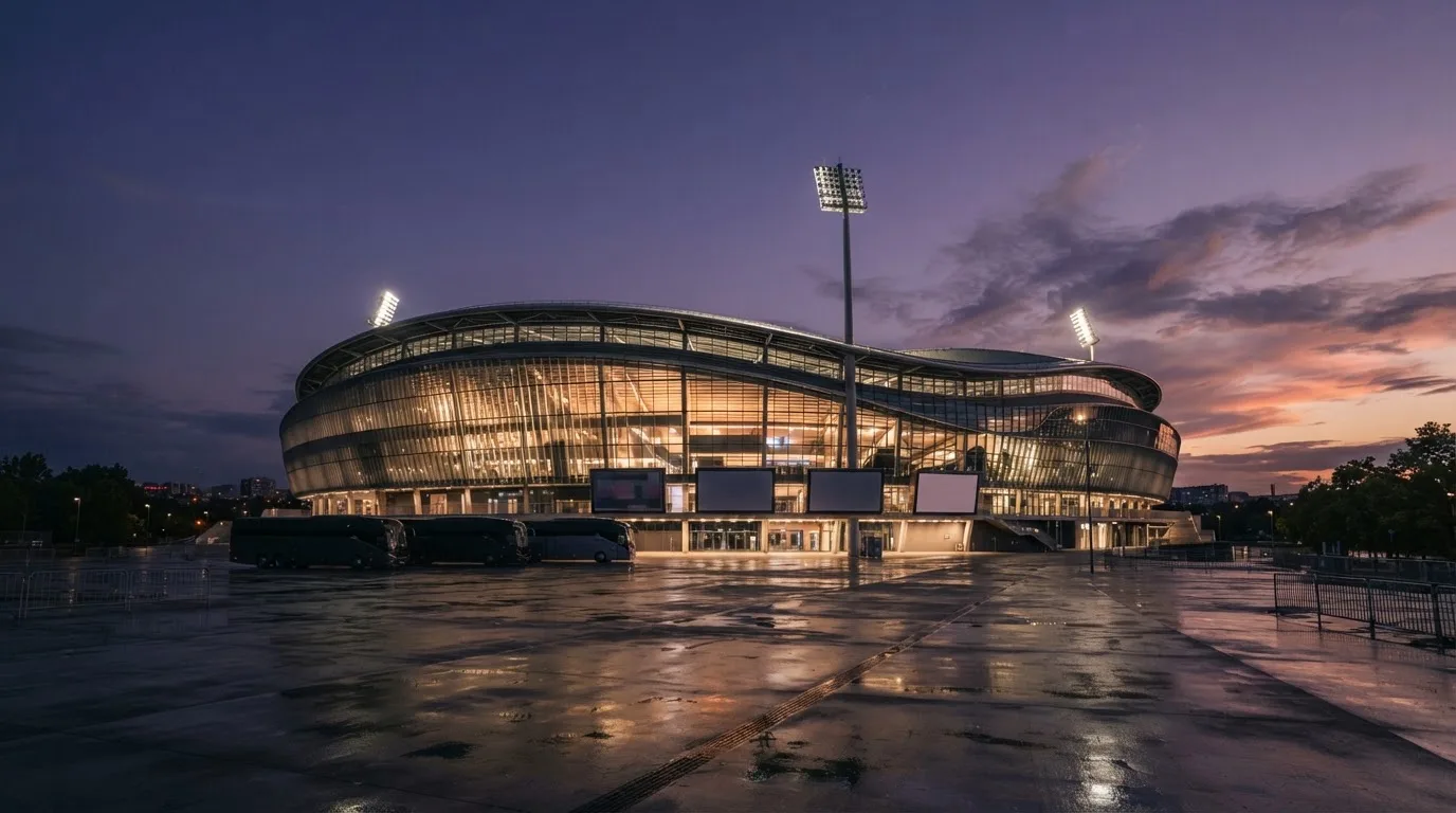 An empty football stadium with floodlight masts at dusk