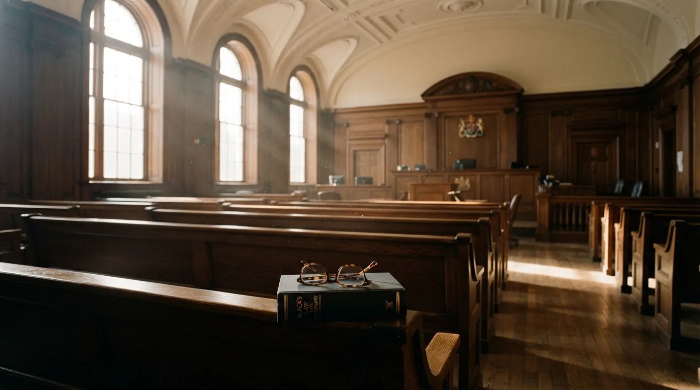 An empty courtroom with wooden benches in morning light