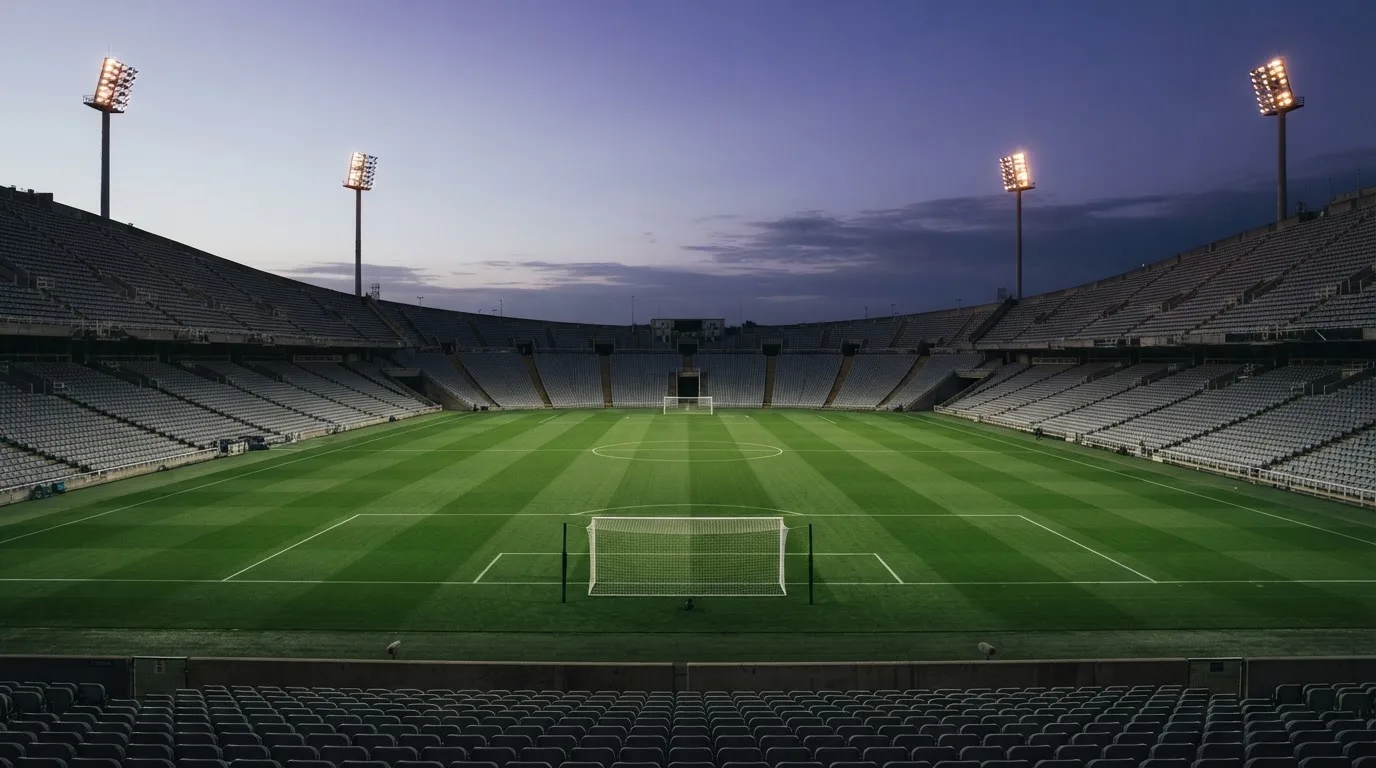 An empty football stadium with floodlight masts at dusk