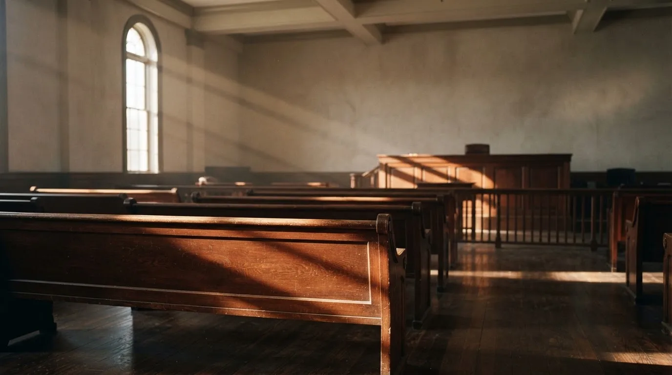An empty courtroom with wooden benches in morning light