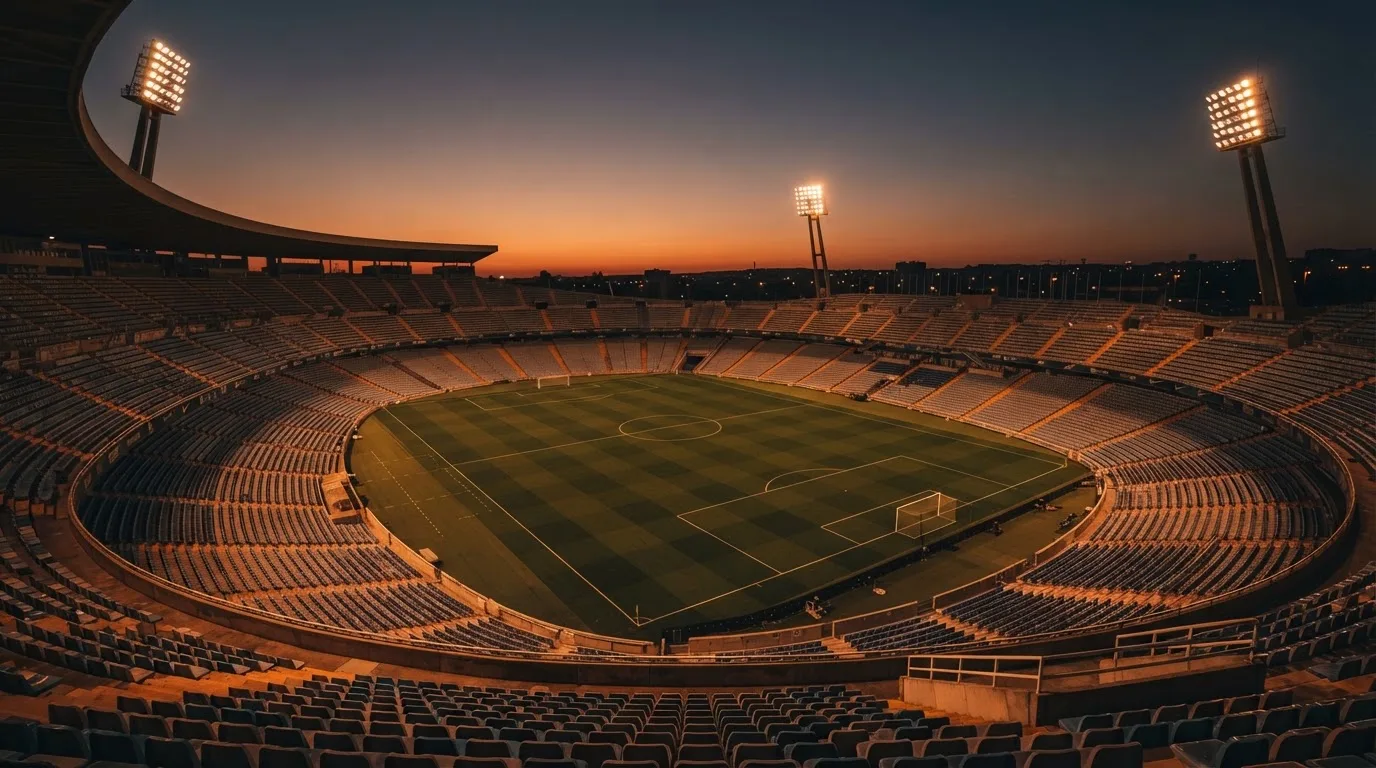 An empty football stadium with floodlight masts at dusk