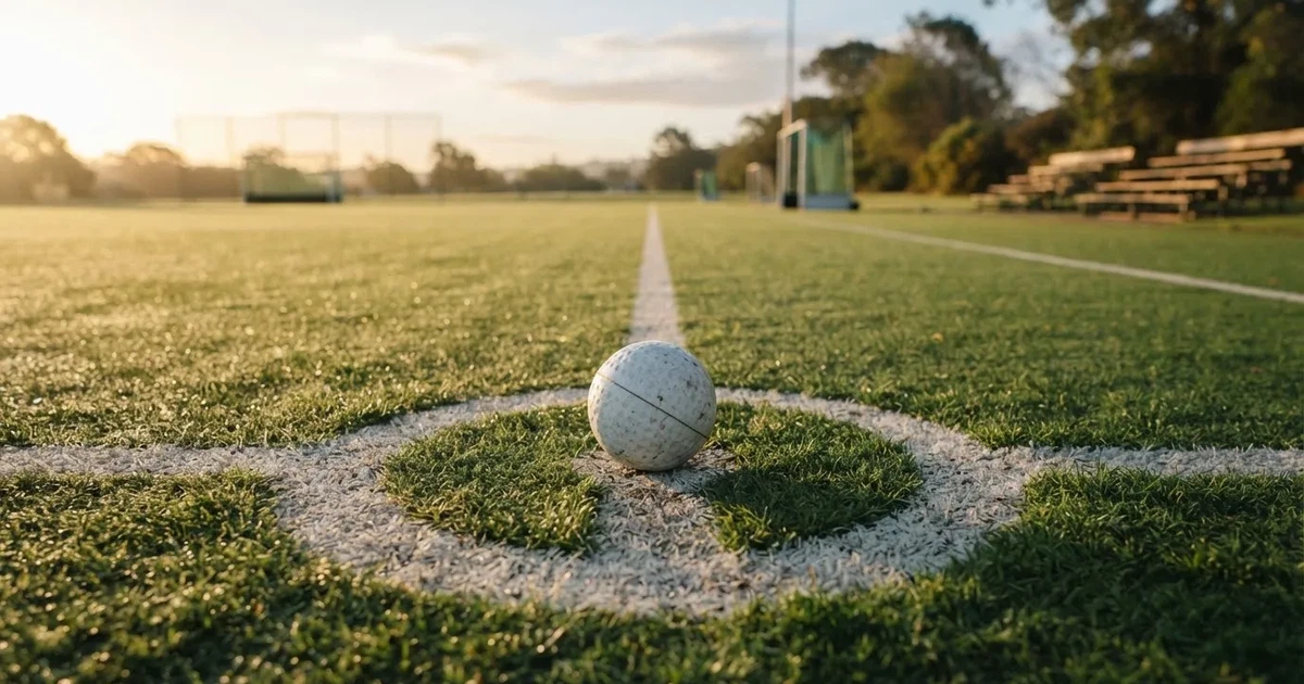 A ball on the centre spot of a grass pitch in morning light