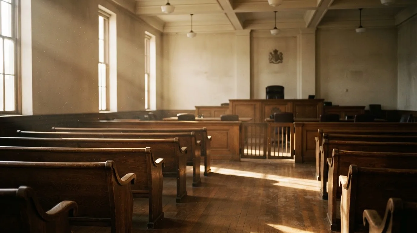 An empty courtroom with wooden benches in morning light