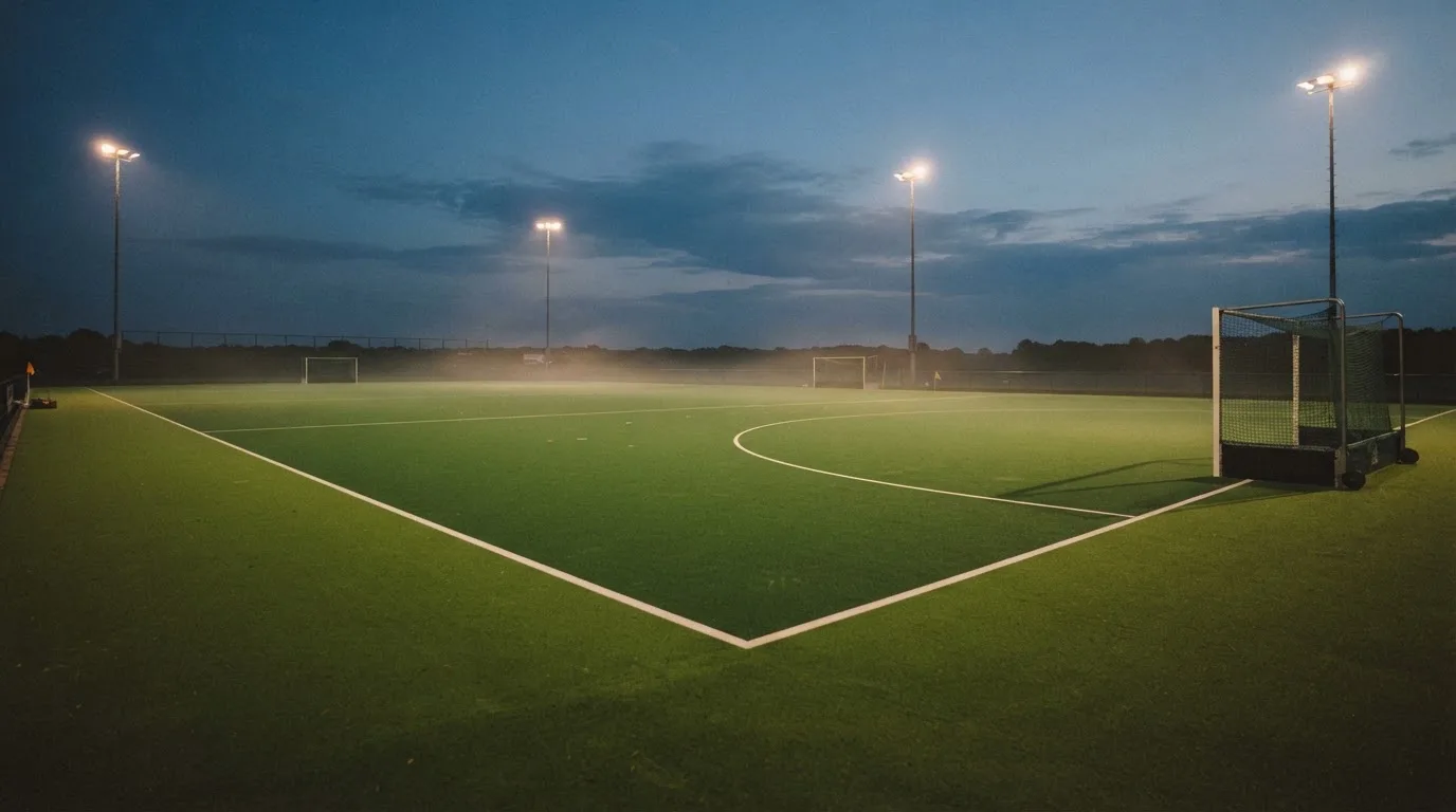 An empty football stadium with floodlight masts at dusk