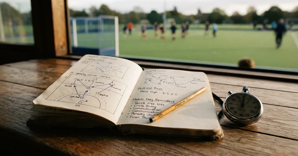An open notebook with a pencil and a stopwatch on a wooden table