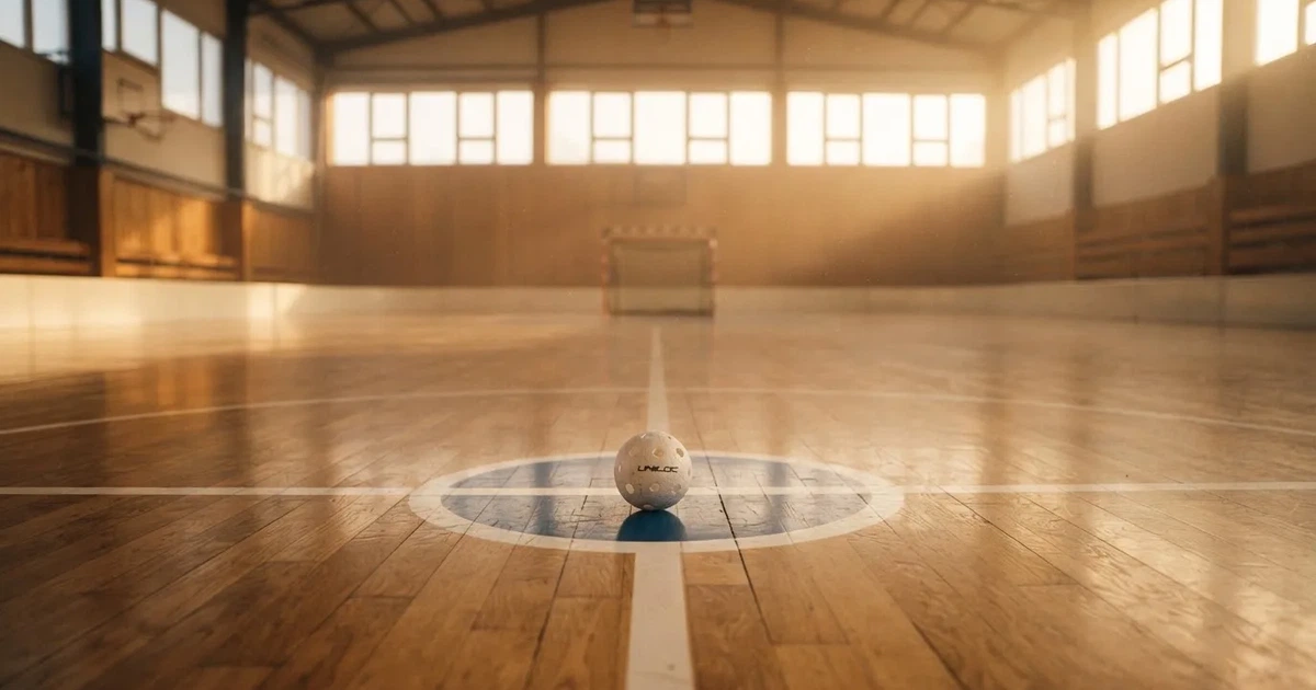 A ball on the centre spot of a grass pitch in morning light