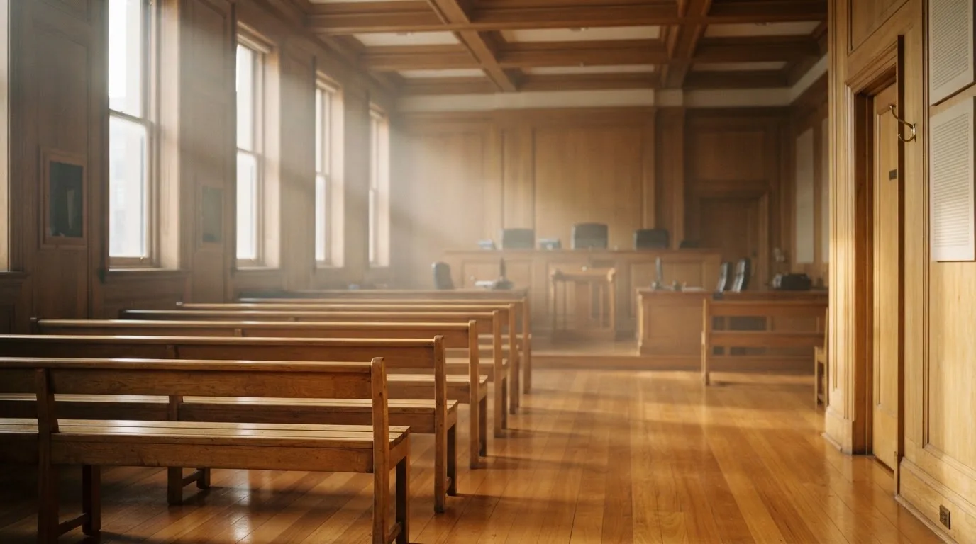 An empty courtroom with wooden benches in morning light