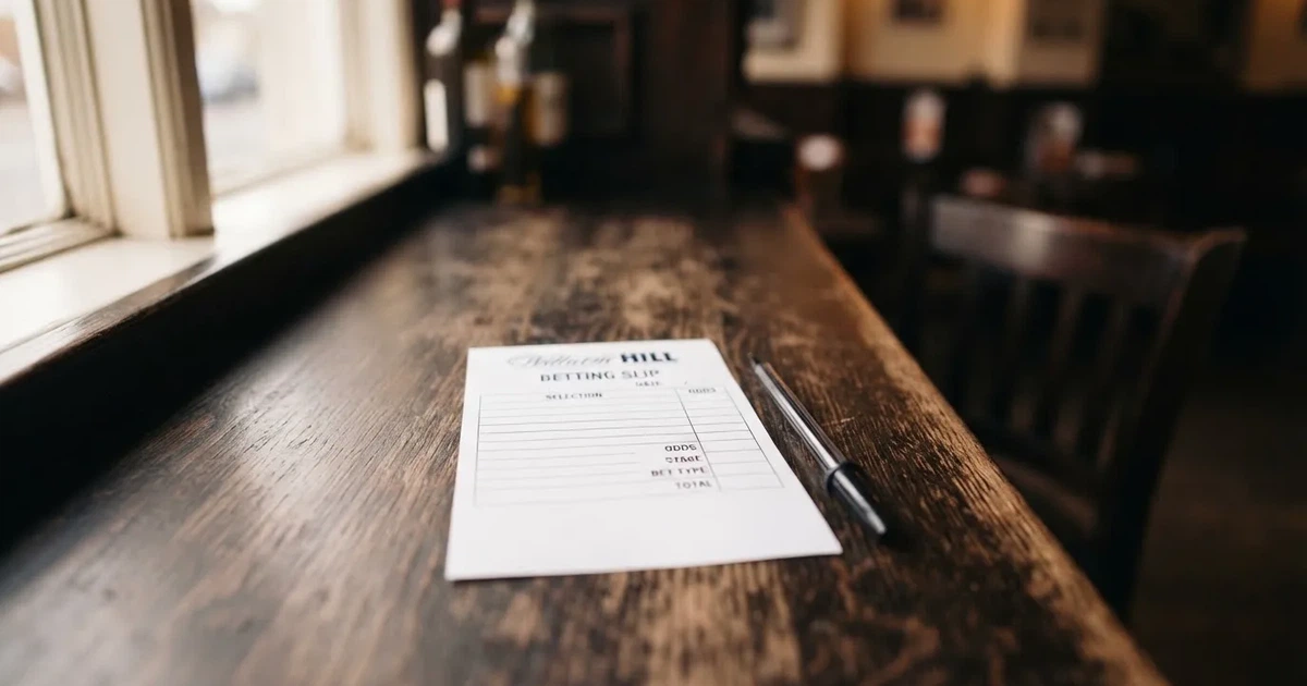 A blank paper betting slip beside a pen on a wooden counter