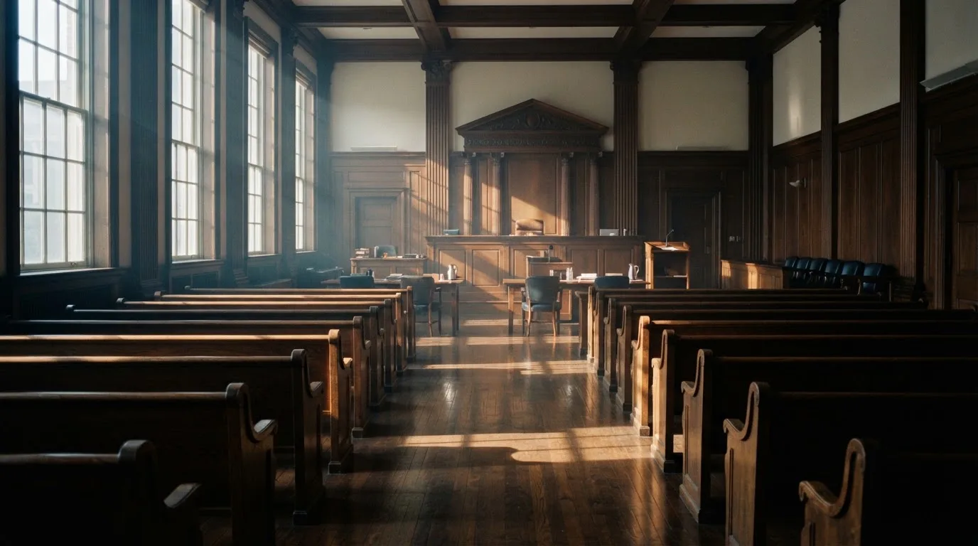 An empty courtroom with wooden benches in morning light