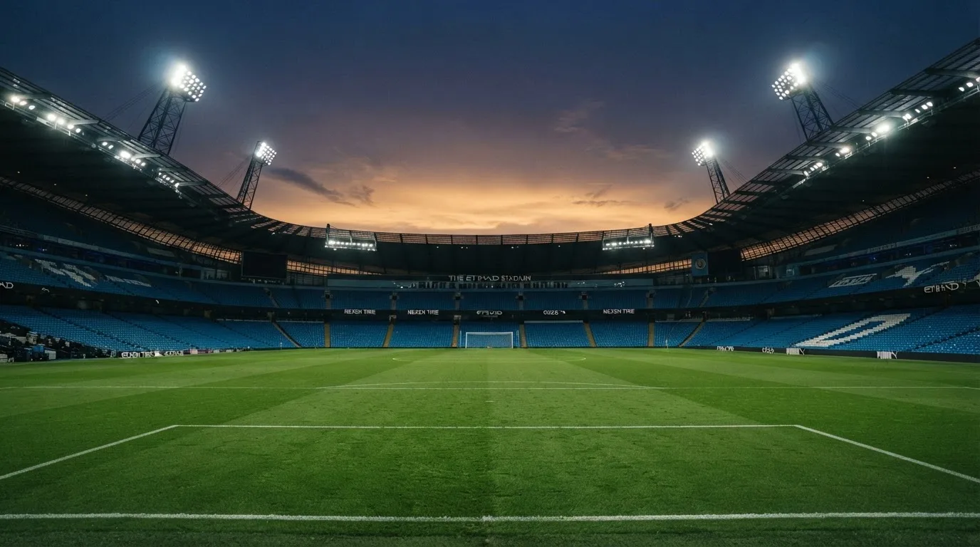 An empty football stadium with floodlight masts at dusk