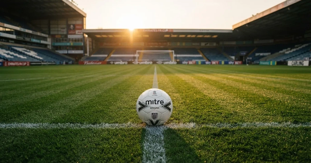 A ball on the centre spot of a grass pitch in morning light