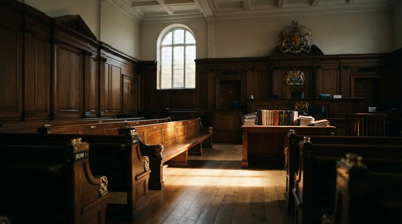 An empty courtroom with wooden benches in morning light