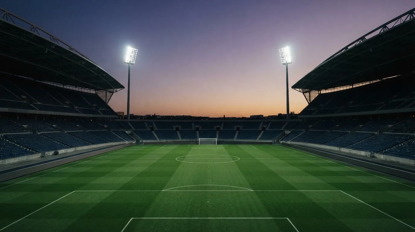 An empty football stadium with floodlight masts at dusk
