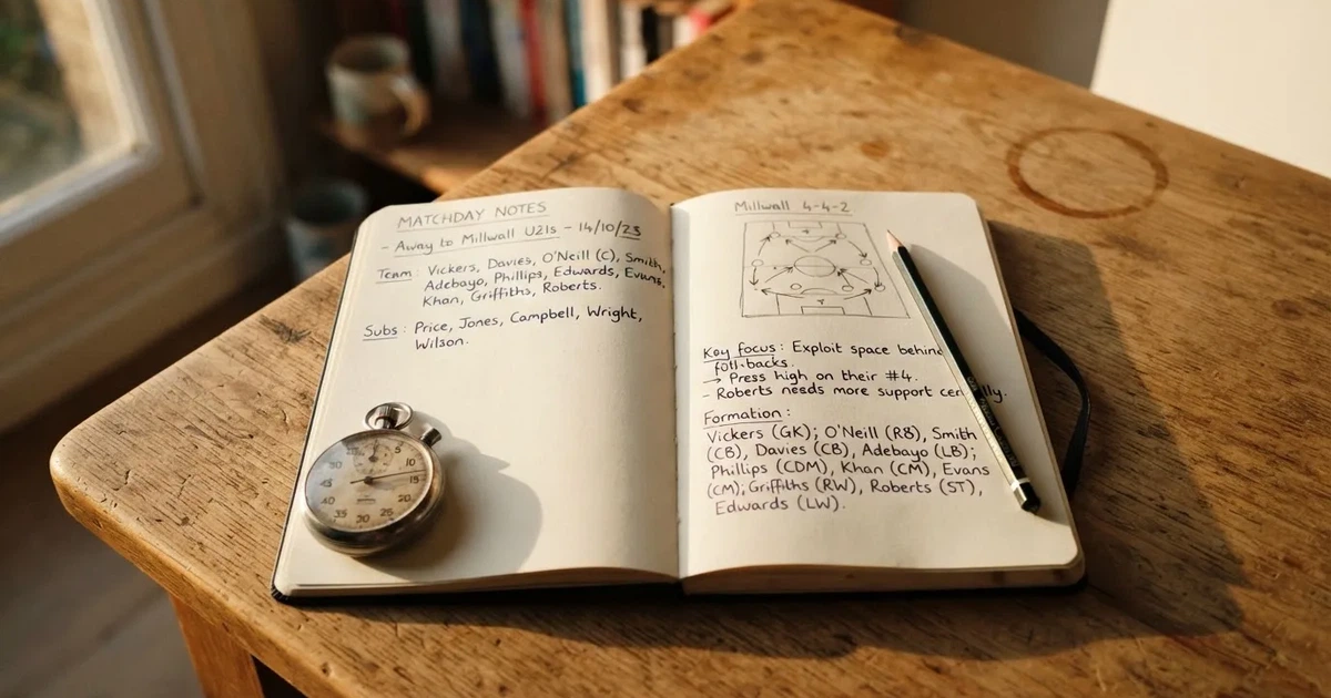 An open notebook with a pencil and a stopwatch on a wooden table
