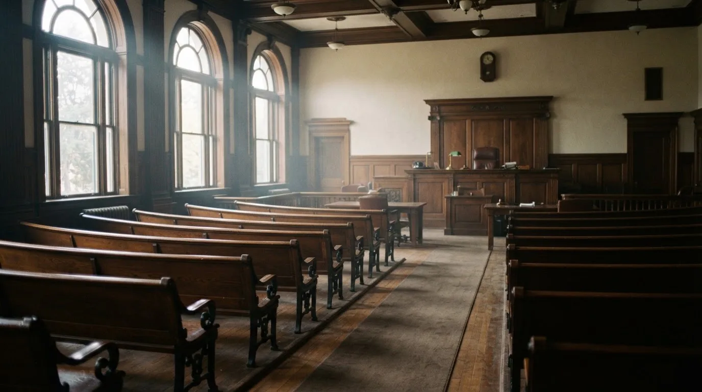 An empty courtroom with wooden benches in morning light