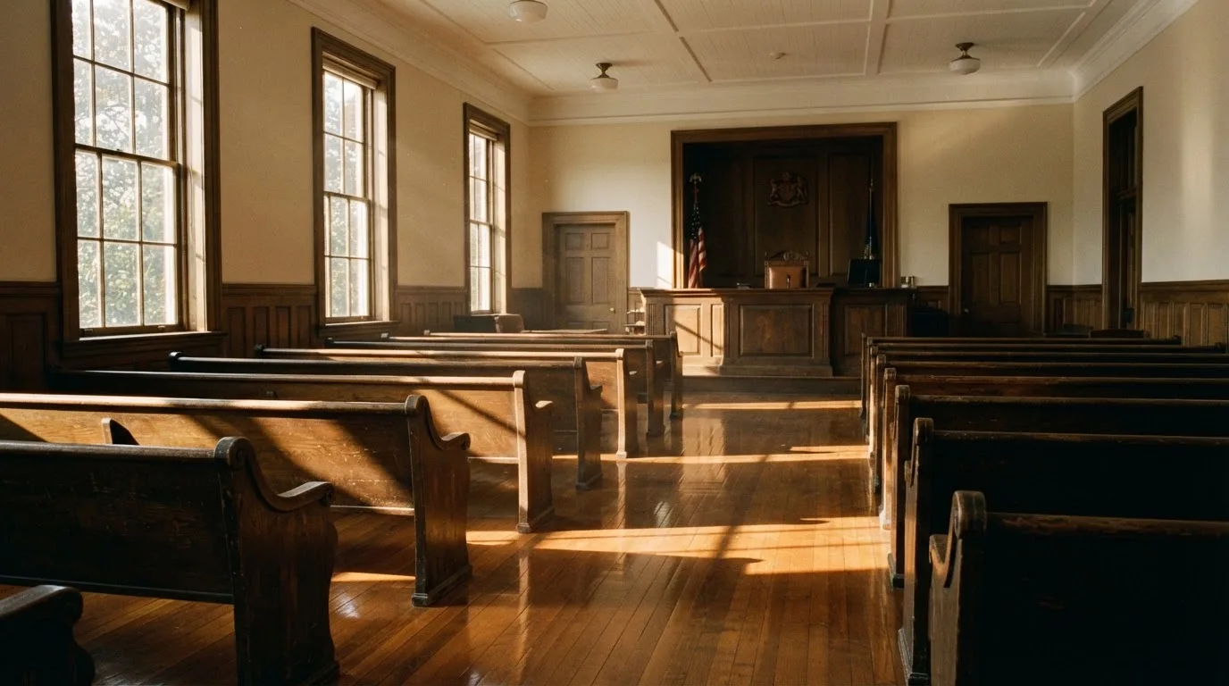 An empty courtroom with wooden benches in morning light
