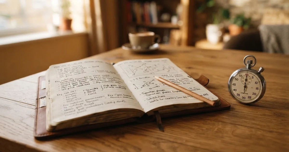 An open notebook with a pencil and a stopwatch on a wooden table