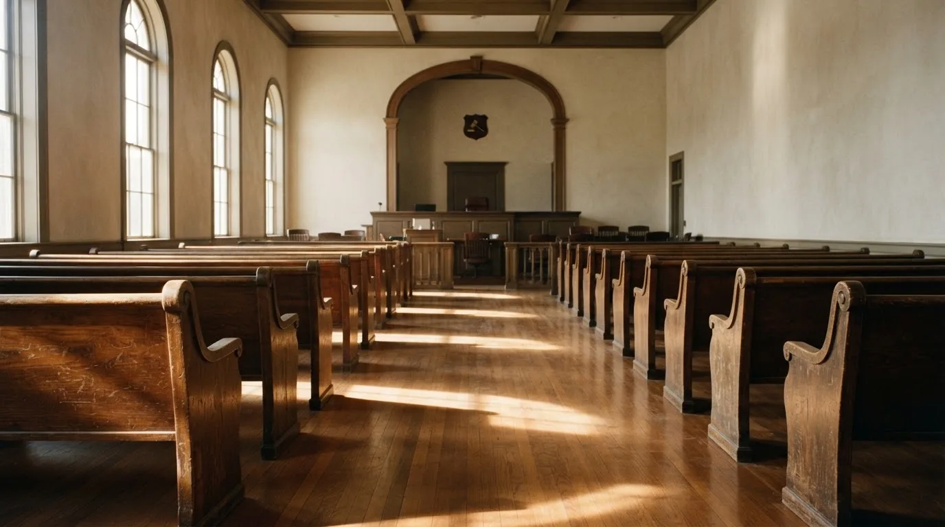 An empty courtroom with wooden benches in morning light